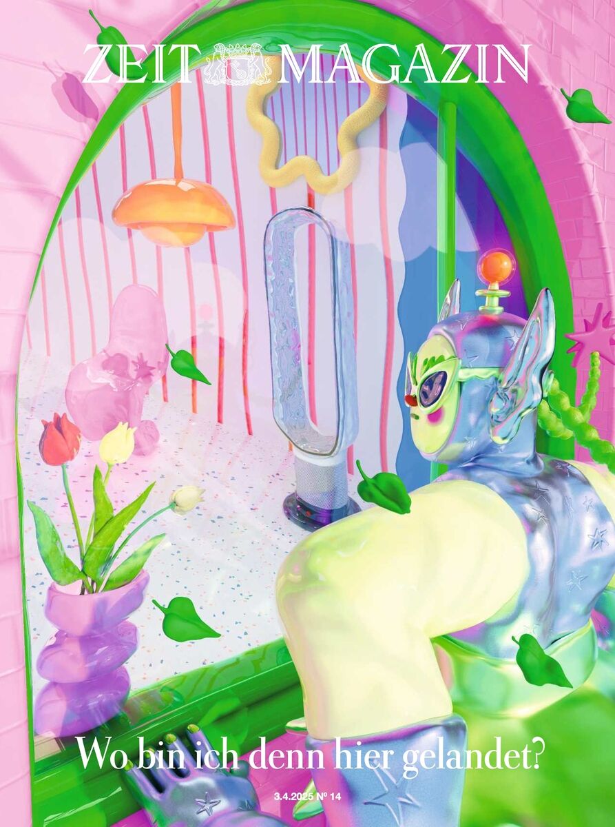 Titelblatt des ZEIT Magazins mit bunter, surrealistischer Illustration eines Wesens vor einem Fenster mit Pflanzen, das eine Mischung aus Farben wie Rosa, Blau, Grün und Lila zeigt.