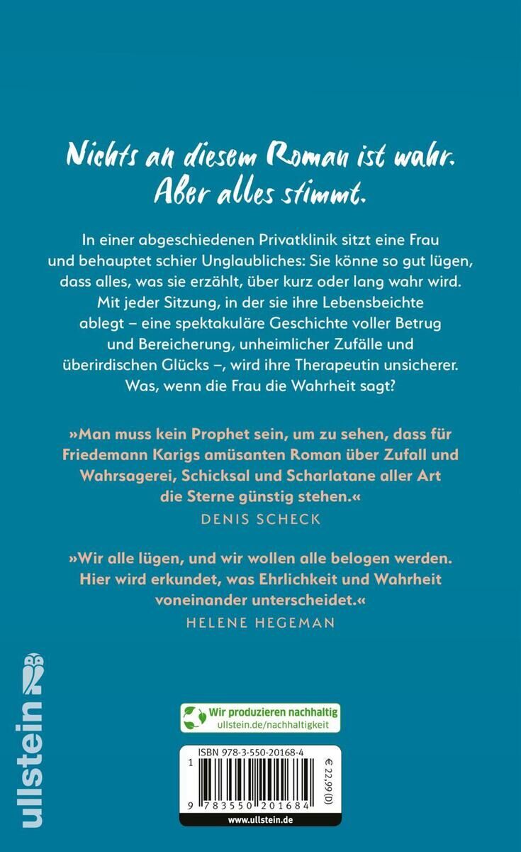 Das Buch 'Lügnerin' von Friedemann Karig aus dem Ullstein Verlag. Der Buchumschlag ist hauptsächlich in Blau und Grün gehalten mit weißem Text. Enthält eine kurze Inhaltszusammenfassung auf der Rückseite.