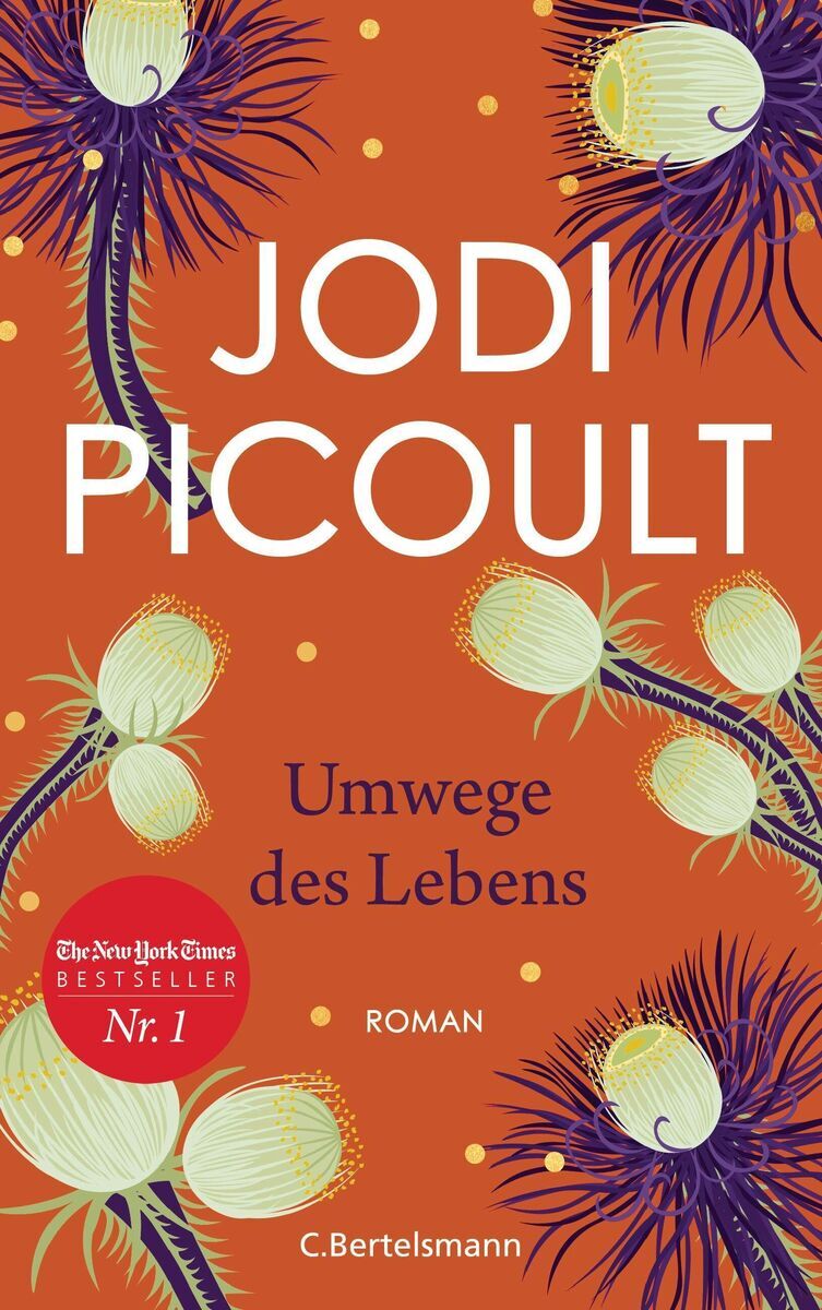 Titelbild des Buches 'Umwege des Lebens' von Jodi Picoult. Der Hintergrund ist orange mit abstrakten floralen Mustern in lila, weiß und gelb. Der Name des Autors und der Buchtitel sind in weißer Schrift.