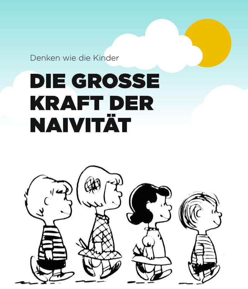 ZEIT WISSEN 2/23 Die Kraft der Naivität. Eine Illustration von vier Kindern in Schwarz-Weiß vor einem blau-weißen Himmel mit einer gelben Sonne. Der Text 'Denken wie die Kinder' steht links oben im Bild.