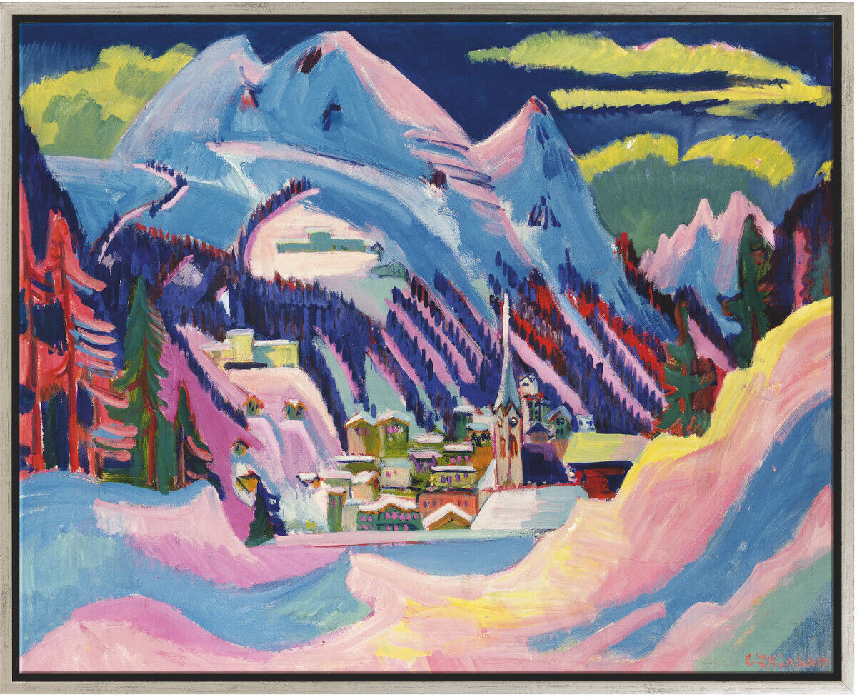 Ernst Ludwig Kirchners Gemälde »Davos im Winter« von 1923 zeigt eine expressionistische Schneelandschaft in den Schweizer Alpen mit einem Bergdorf im Vordergrund und hohen, verschneiten Bergen im Hintergrund. Die dominierenden Farben sind Blau, Rosa, Weiß, Violett und Grün.