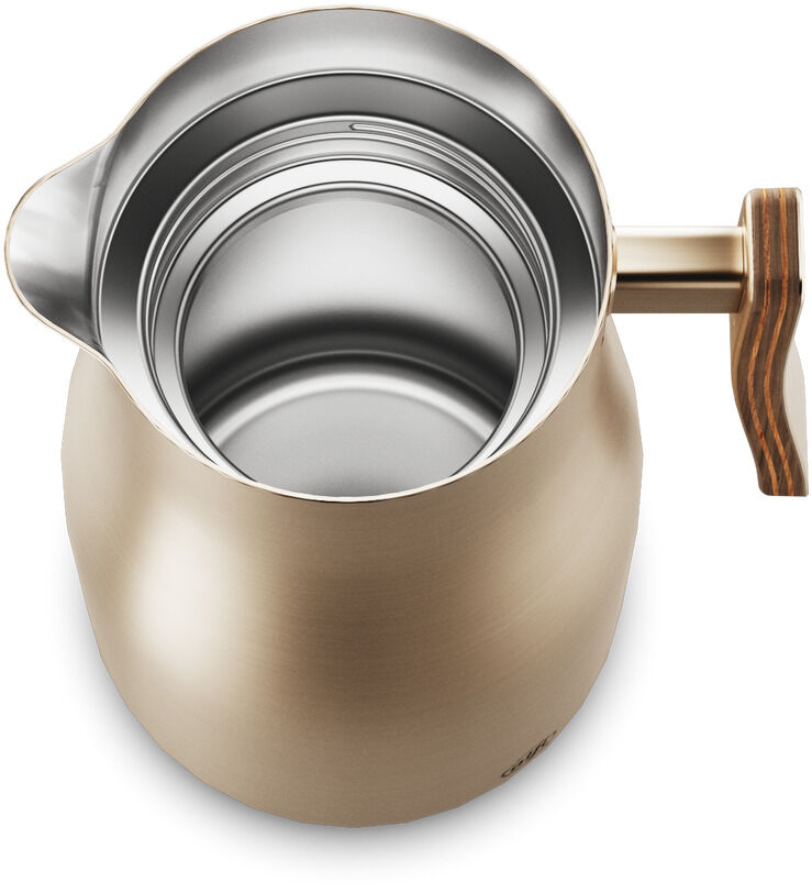 Isolierkanne »STUDIO ALLURE«, 1 Liter, mit einem stilvollen Design. Die Kanne hat eine Außenhülle aus beigem Material und einen Griff aus Holz. Die Innenfläche ist aus glänzendem Edelstahl gefertigt.