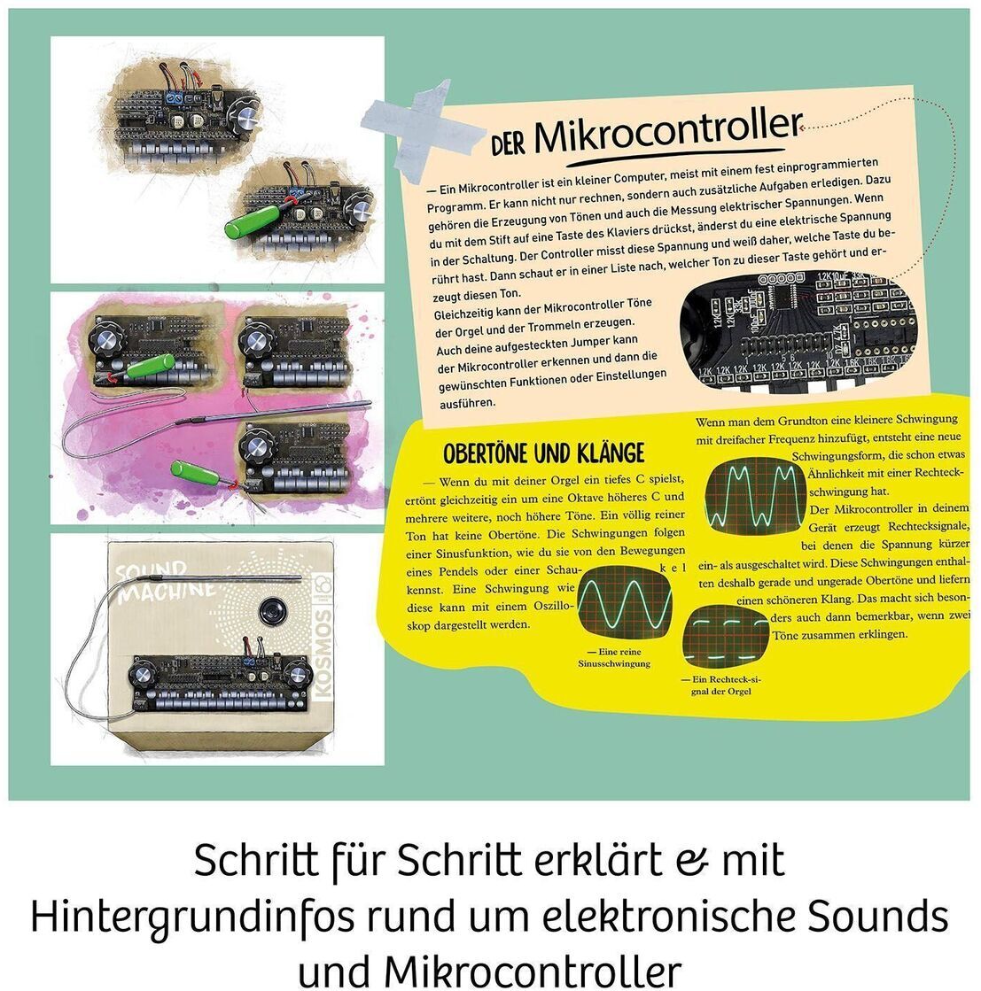 Ein Bild zeigt eine Soundmaschine mit einem Mikrocontroller und verschiedenen Schaltkreisen. Das Bild erklärt Schritt für Schritt die Funktionsweise und enthält Hintergrundinformationen rund um elektronische Klänge und Mikrocontroller. Es ist überwiegend grün, gelb, schwarz, weiß und braun.