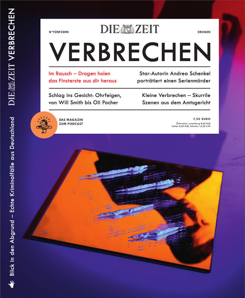 Cover des Magazins ZEIT VERBRECHEN 15/22 mit dem Titel 'Im Rausch - Drogen holen das Finsterste aus dir heraus'. Das Magazin zeigt ein Bild in Orange und Blau auf der unteren Hälfte des Covers und hat rote und schwarze Textüberschriften auf weißem Hintergrund.
