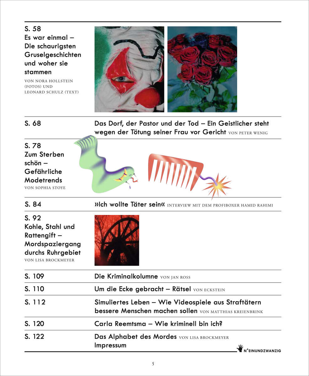 Illustration der Inhaltsseite des Magazins 'ZEIT VERBRECHEN 21/23' mit einem Bild eines Clowns und verschiedenen Artikelüberschriften zu Kriminal- und Todesfällen.