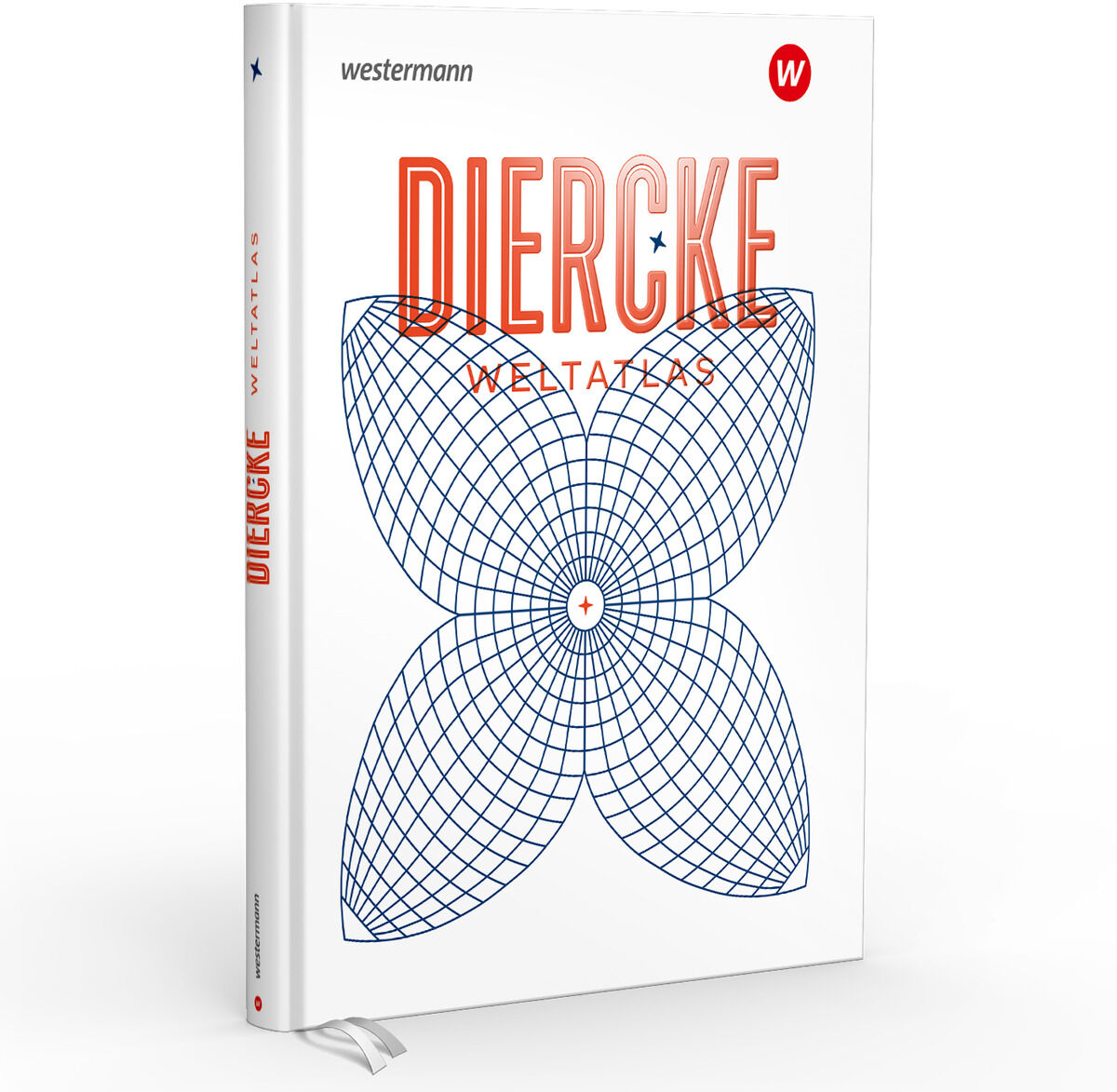 Buchcover des 'Diercke Weltatlas - Ausgabe 2023 - Sonderedition'. Das Cover zeigt ein geometrisches Design in Blau und Orange auf weißem Hintergrund mit dem Titel in großen Buchstaben. Es handelt sich um einen geografischen Atlas, der von Westermann veröffentlicht wurde.