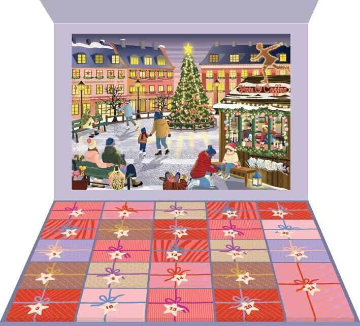 Geöffneter Puzzle-Adventskalender »Skate & Coffee« von VISSEVASSE mit 24 nummerierten Türchen und festlichem Stadtplatzmotiv. Im Hintergrund ein Weihnachtsbaum, geschmückte Buden und fröhliche Menschen auf einer Eisbahn, winterliche Atmosphäre und bunte Geschenkverpackungen.