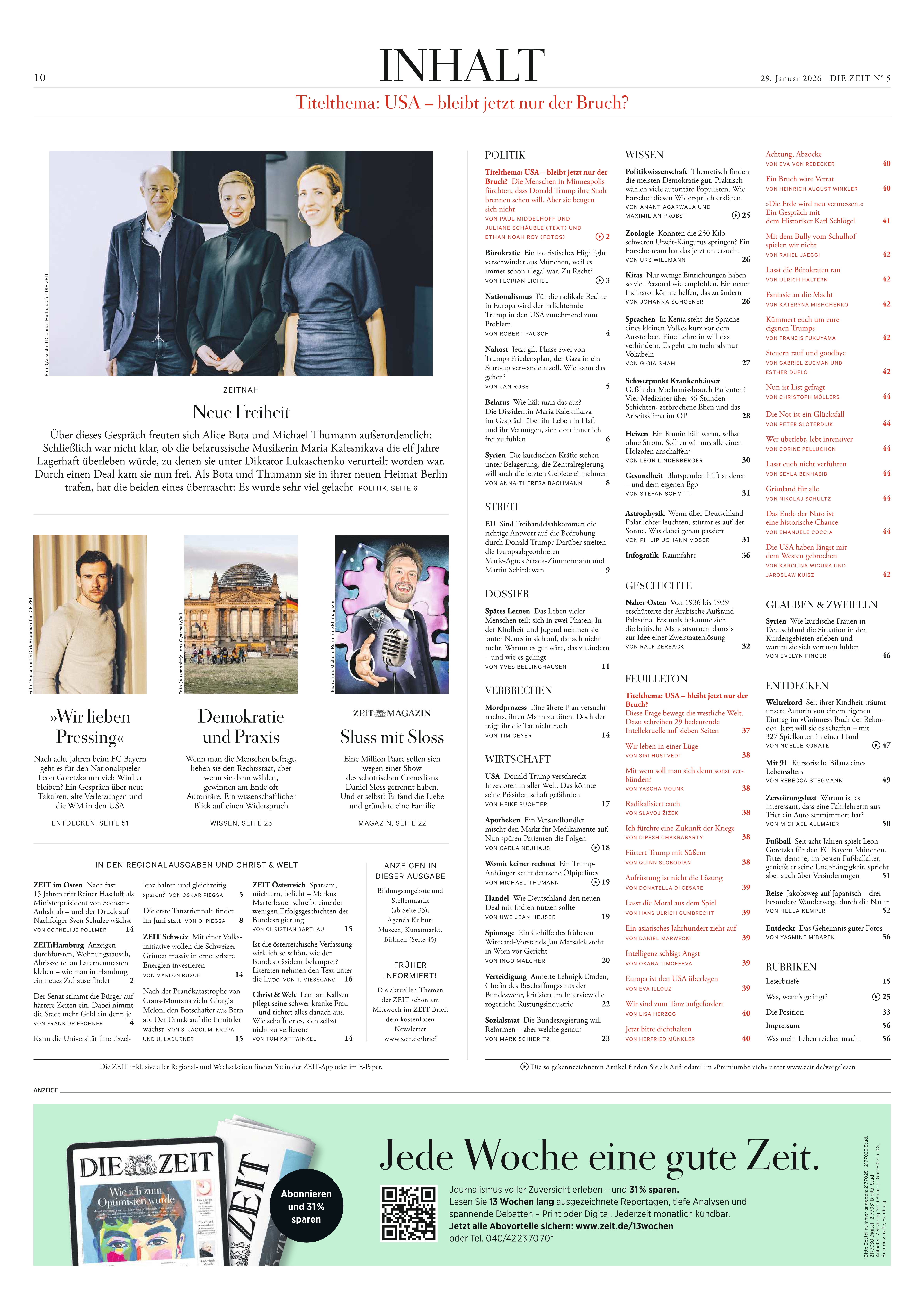 Inhaltsverzeichnis einer Zeitungsausgabe, oben mittig der Titel 'INHALT DIE ZEIT 05/2026', darunter ein Foto von drei Personen, daneben Artikellisten aus verschiedenen Ressorts wie Politik, Wissen, Gesellschaft, Geschichte und Feuilleton mit Seitenzahlen. Am unteren Rand ist eine Werbeanzeige für das ZEIT-Abo zu sehen. Die Gestaltung ist klar und von weißen Flächen dominiert.