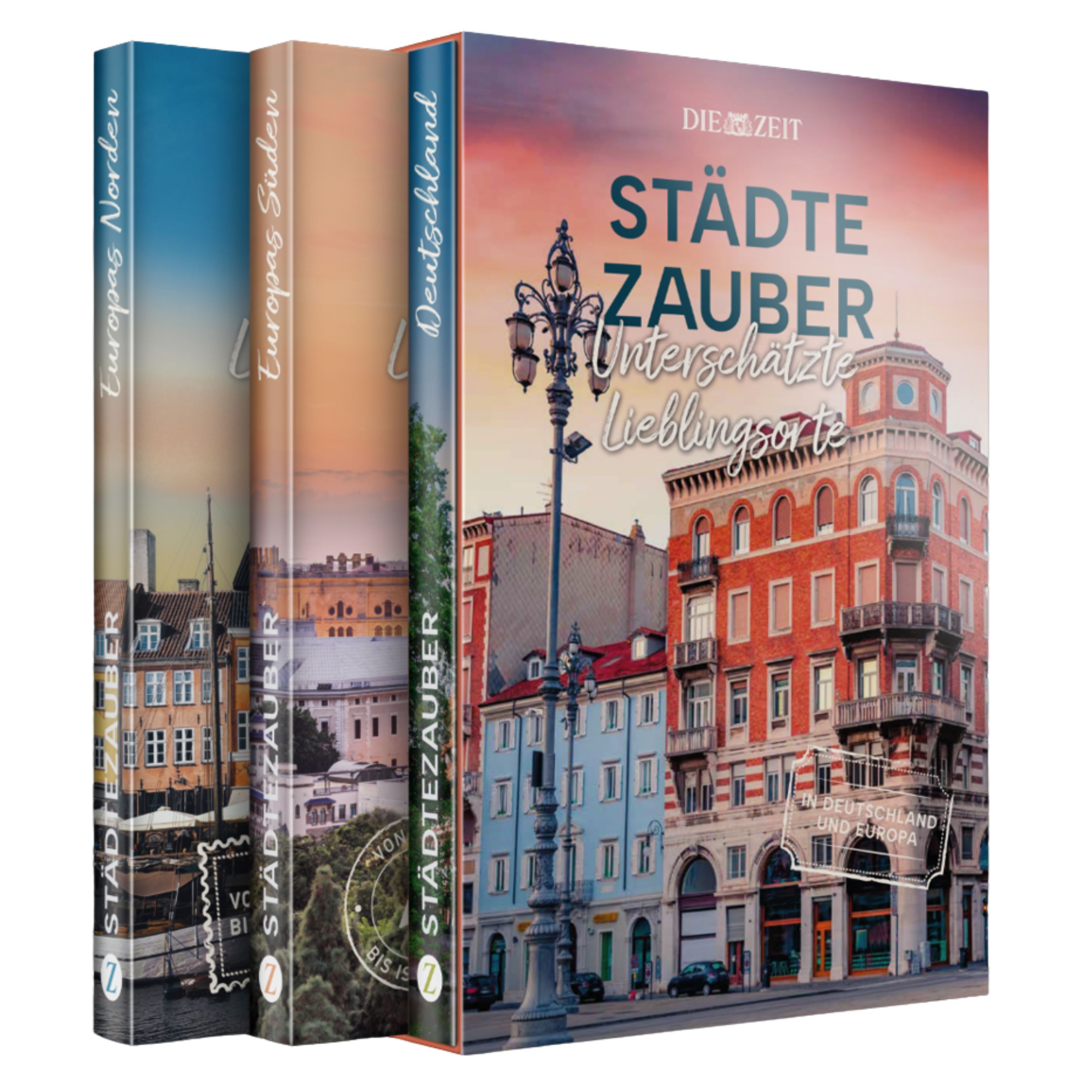 Detailreiches Bild von drei schön gestalteten Buchbänden im Schuber der ZEIT-Edition »Städtezauber«. Die Cover zeigen bunte Stadtansichten und Architektur aus unterschiedlichen Regionen Europas. Titel: STÄDTEZAUBER. Darunter: Unterschätzte Lieblingsorte in Deutschland und Europa.