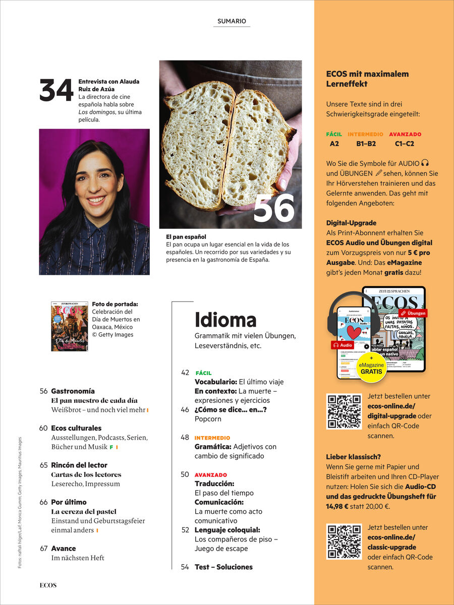 Aufgeschlagene Ecos-Magazinseite: links das Inhaltsverzeichnis mit großem Porträt einer Frau, Brot-Foto und Rubriken wie Gastronomía, Ecos culturales und Idioma. Rechts orangefarbene Anzeige für Ecos mit Lernheft, App-Abbildung, QR-Codes und Abo-Angeboten. Titelthema: Weinrouten in Kastilien und León.