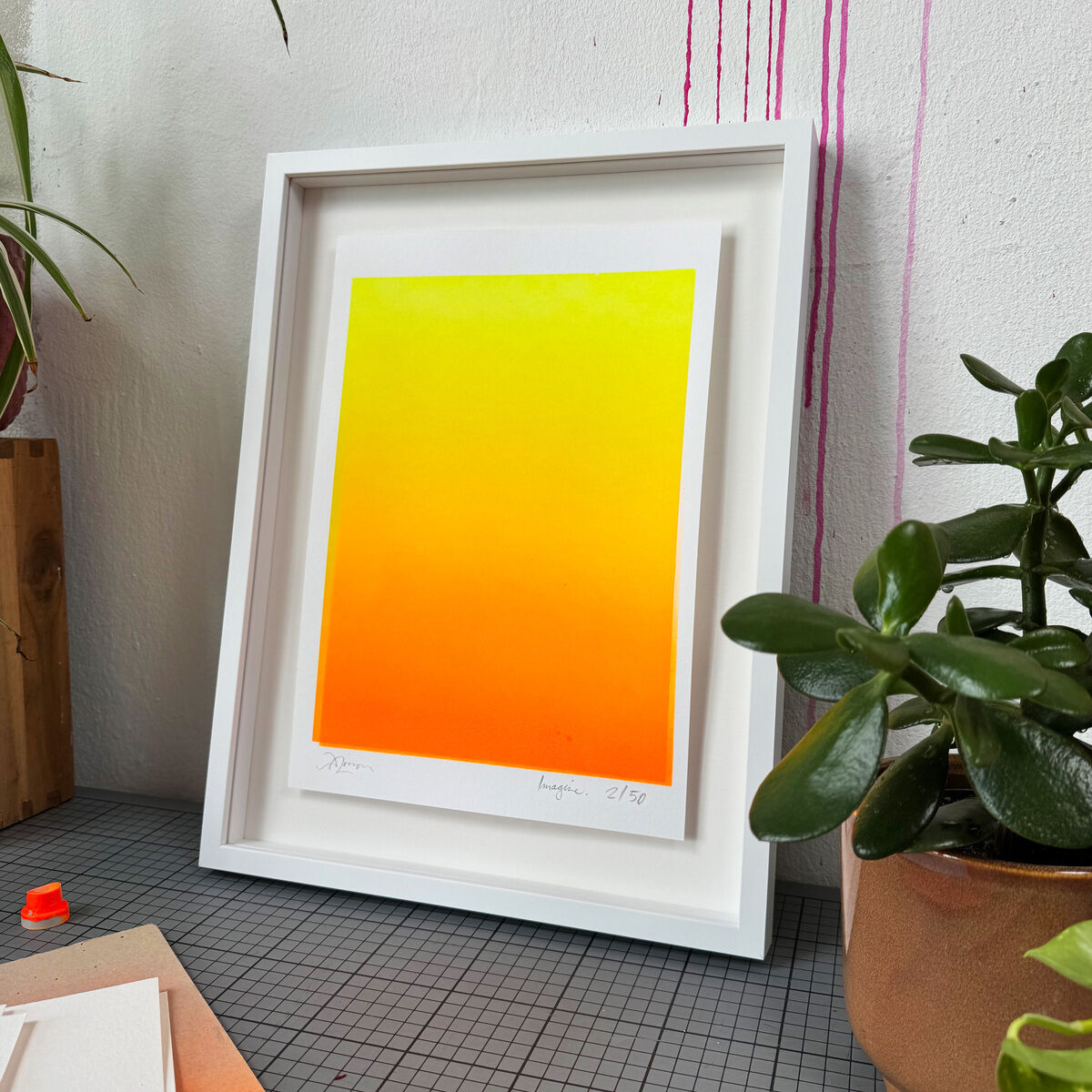 Rahmenbild mit kräftigem Farbverlauf von Gelb zu Orange auf weißem Grund, präsentiert in schwebender Rahmung unter Glas. Umliegende Pflanzendekoration und Holzkasten, deutliche Akzentuierung durch das klare, leuchtende Farbspiel der Sonderedition »Imagine« von Daniel Lisson.