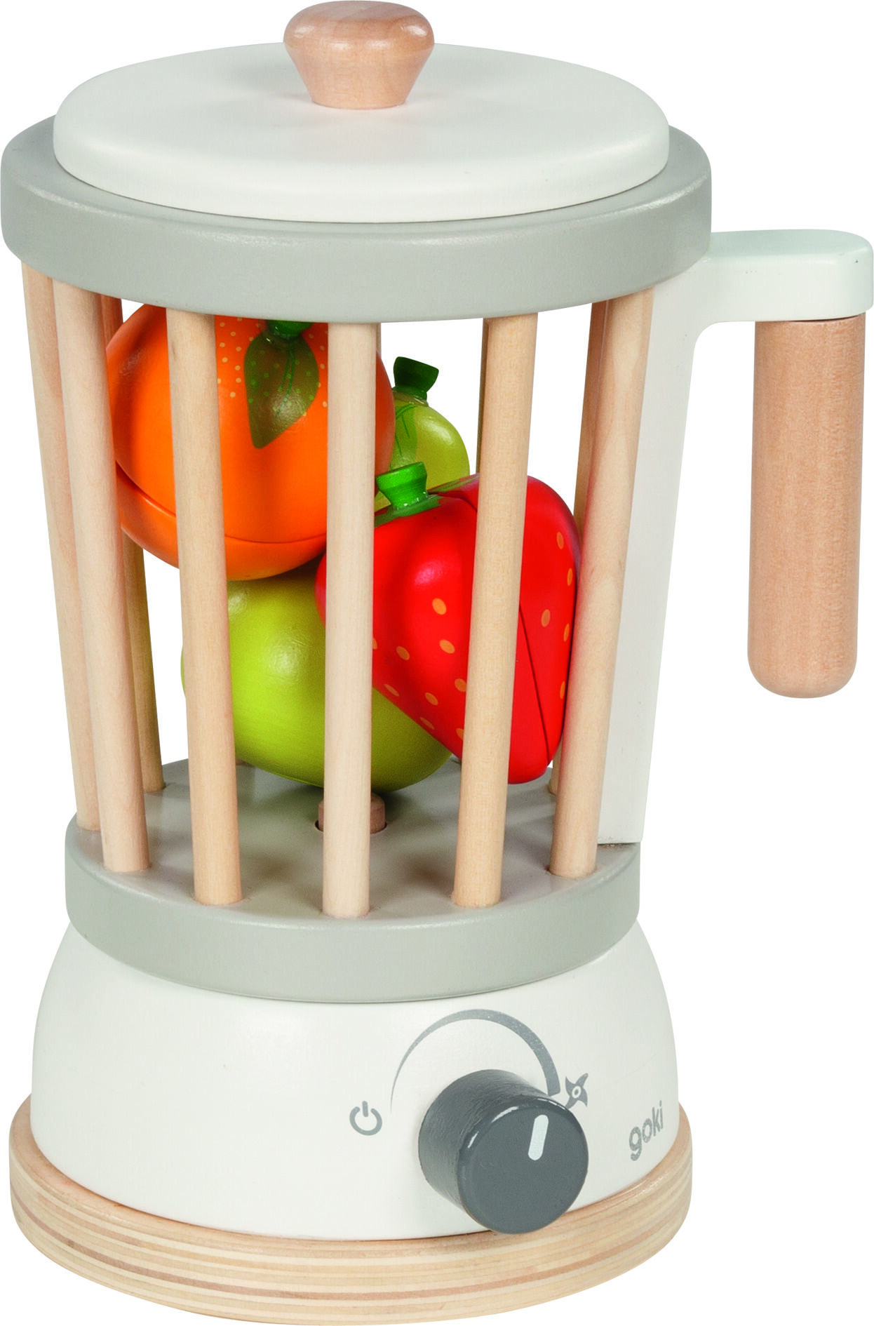 Ein kindgerechter Standmixer aus Holz mit Obstspielzeug im Inneren. Der Deckel, Griff und Drehknopf bestehen ebenfalls aus Holz. Das Design ist modern und farbenfroh, geeignet für Rollenspiele in der Kinderküche.