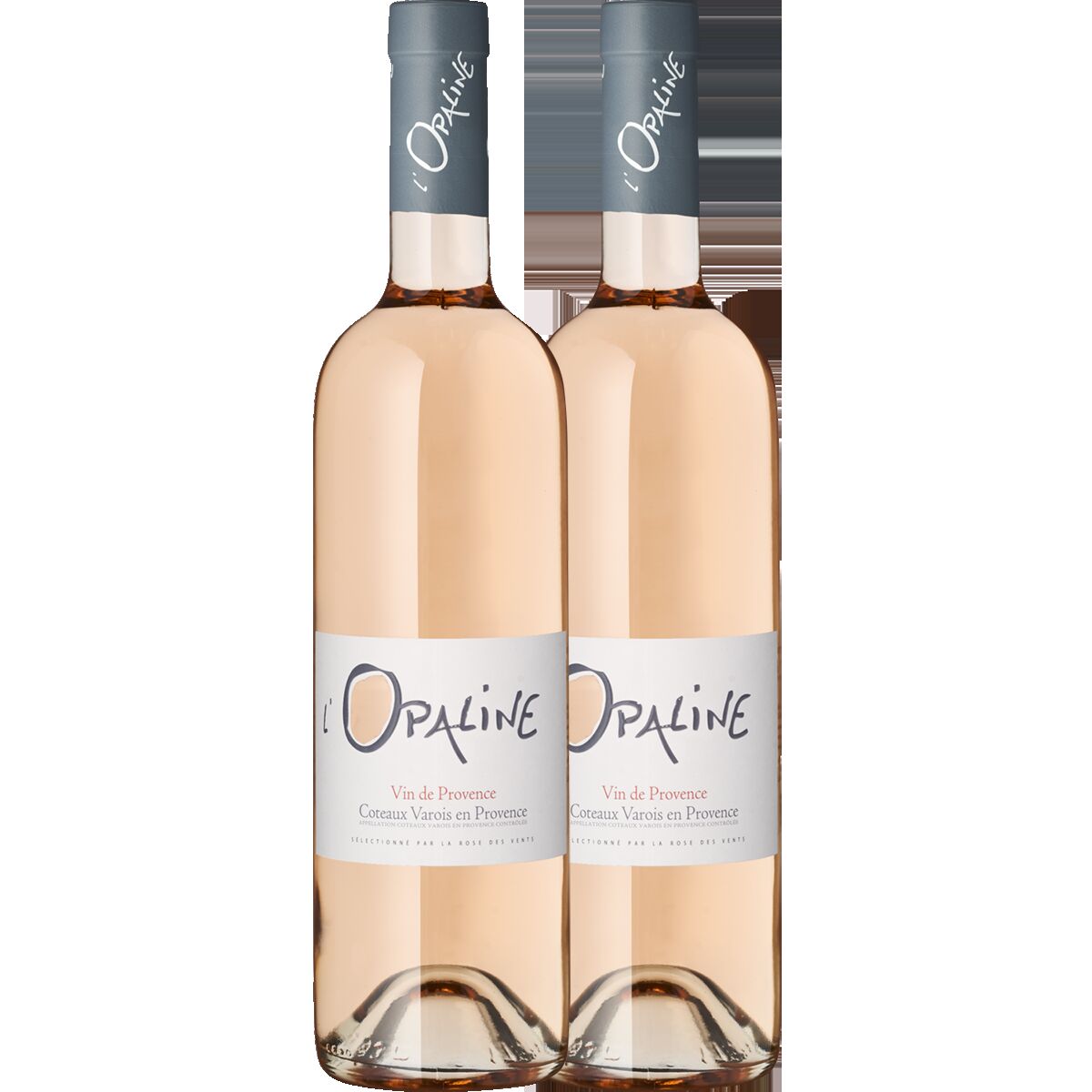Zwei Flaschen Roséwein der Marke 'Opaline' aus der Provence. Die Flaschen sind schlank mit grauen Kapseln und weißen Etiketten. Ideal für Sommerevents.
