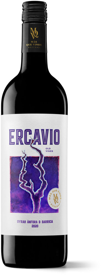 Eine stehende Flasche spanischer Rotwein mit dem Etikett 'Ercavio Syrah Anfora & Garnacha 2020' vor weißem Hintergrund. Die Flasche hat ein modernes, kunstvolles lila Label mit goldenen Details. Das Produkt ist ideal für Weinliebhaber und kulinarische Anlässe.