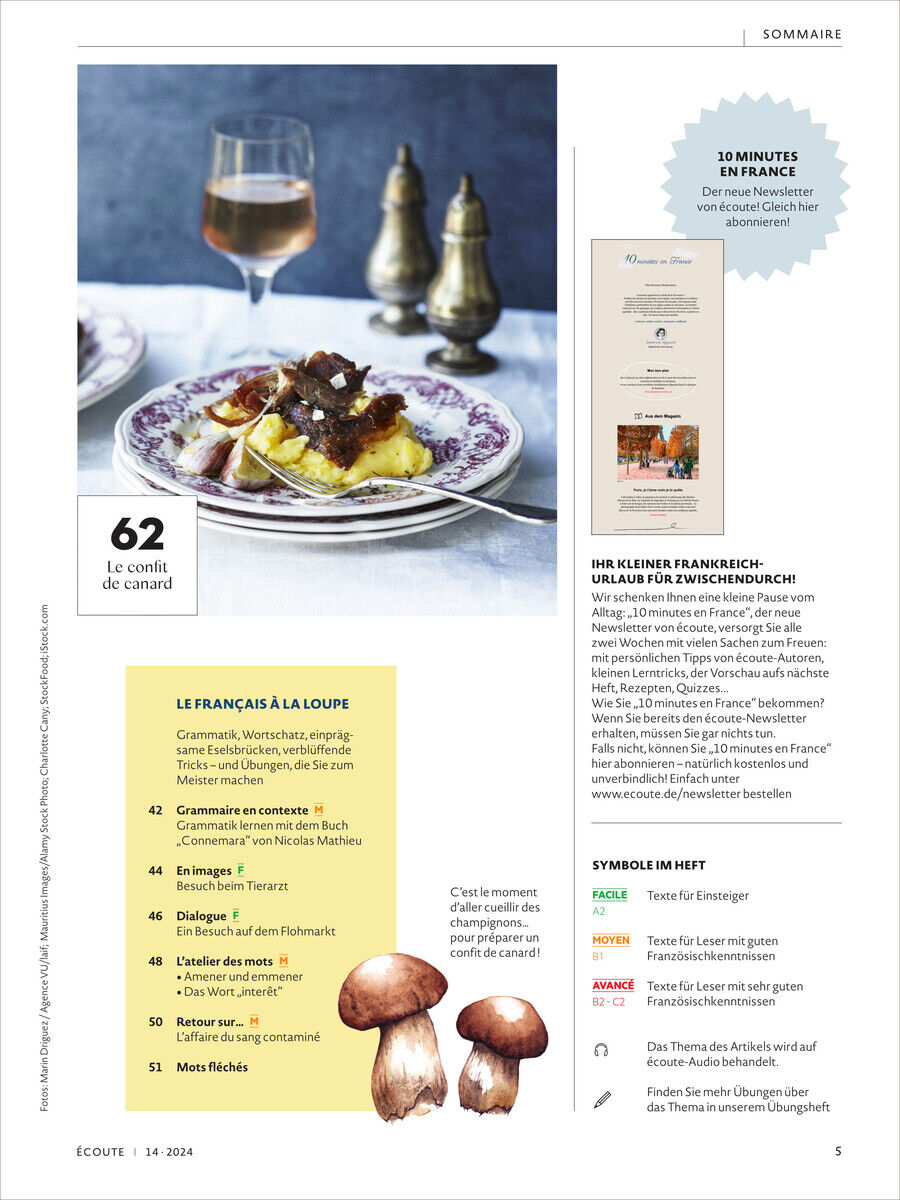 Ausschnitt aus 'Écoute Magazin 14/2024' mit verschiedenen Artikeln über die französische Kultur, Gastronomie und Sprache, illustriert mit Bildern von französischen Gerichten und Pilzen.