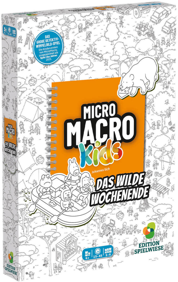 Spielschachtel von „MicoMacro KIDS – Das wilde Wochenende“ von Edition Spielwiese. Vorderseite mit großem orangem Feld, Spieltitel, Kindern auf einem Riesenrad und einem Eisbären. Detailreiche, gezeichnete Stadtszene als Muster im Hintergrund.