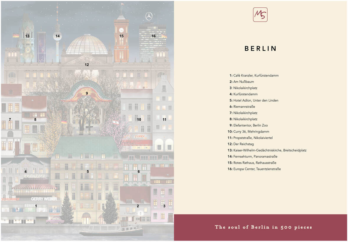 Illustration eines weihnachtlichen Berlins, mit bekannten Wahrzeichen wie dem Brandenburger Tor und dem Berliner Dom, eingerahmt in einer winterlichen Landschaft. Die Farben sind überwiegend festlich mit roten, grünen und weißen Tönen.