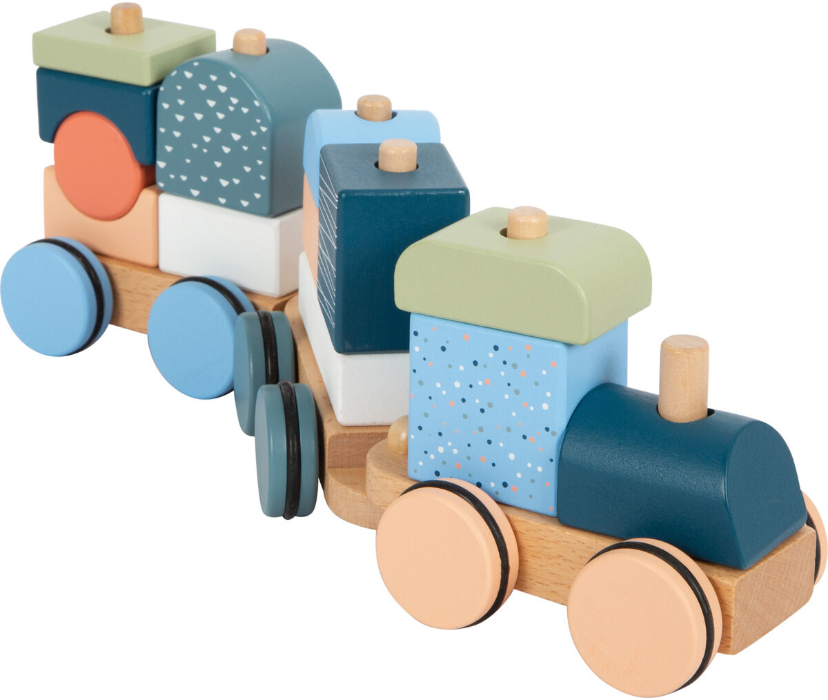 Holzzug »Arctic« als Spielzeugset aus mehreren bunten Holzblöcken in Form eines Zuges, mit verschiedenen Pastellfarben wie Blau, Grün, Orange und Weiß, auf naturbelassenen Holzteilen.