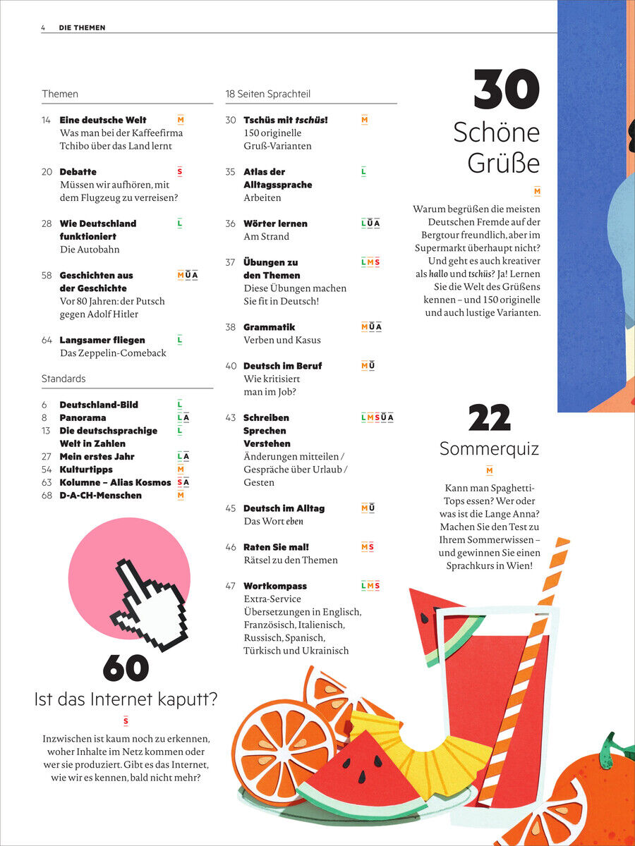 Das Bild zeigt die Inhaltsangabe des 'Deutsch perfekt Magazin' Ausgabe 09/2024 mit verschiedenen Themen wie deutsche Kaffeekultur, ein Sommerquiz und die Frage 'Ist das Internet kaputt?'. Im Hintergrund sind grafische Darstellungen von Wassermelonen- und Orangenstücken sowie ein Getränk zu sehen.