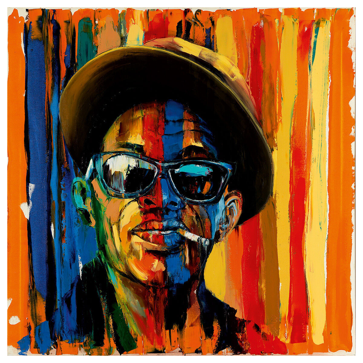 Ein farbenfrohes Gemälde von Jürgen Born, das den Bluesmusiker Lightning Hopkins darstellt. Der Hintergrund ist lebendig mit Streifen in Blau, Rot, Gelb und Orange. Hopkins trägt eine Sonnenbrille und raucht eine Zigarette.