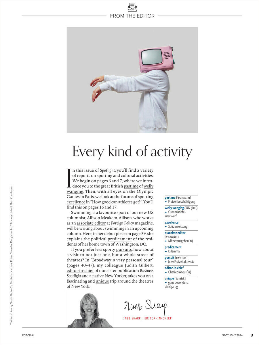 Ein Magazinlayout mit dem Titel Spotlight Magazin 09/2024. Ein Bild zeigt eine Person mit einem rosa alten Fernseher als Kopf. Es ist ein Abschnitt von einer Ausgabe mit dem Thema 'Every kind of activity', und es gibt Text, eine kleine Biographie und ein Foto der Chefredakteurin.