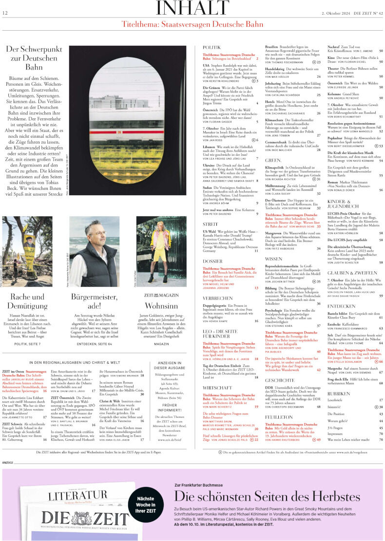 Titelblatt der Zeitung DIE ZEIT. Enthält Text und Bilder, darunter eine Ansicht des Bahnfensters, Literaturrubriken und verschiedene Artikelüberschriften. Grundfarben sind Weiß, Schwarz, Rot und Grün.