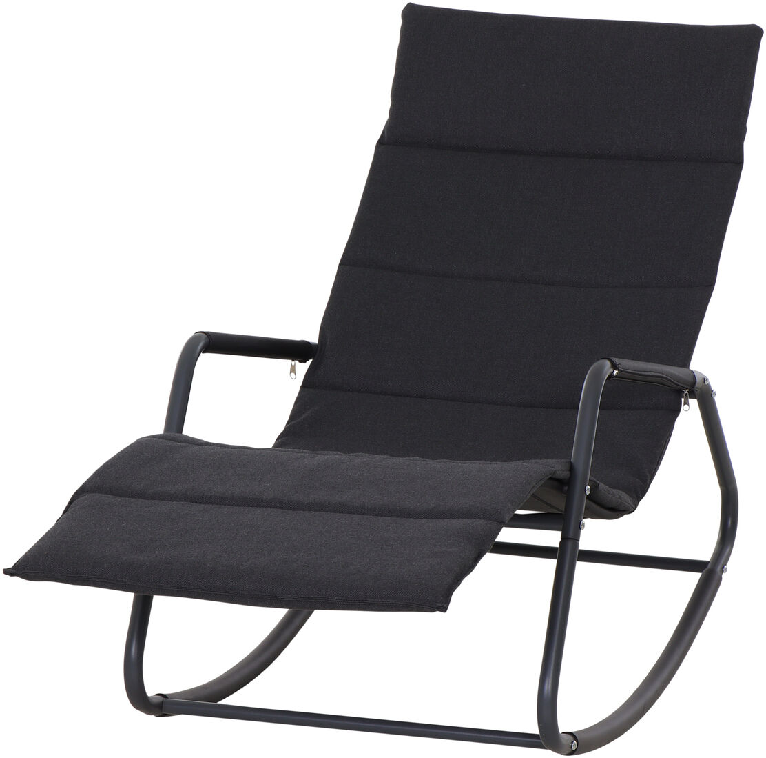 Abgebildet ist eine moderne Swingliege »Aliano« mit mattschwarzem Metallrahmen und gepolsterter, dunkelgrauer Liegefläche. Die Liege hat eine schlichte, ergonomische Form mit leicht gebogenen Kufen.