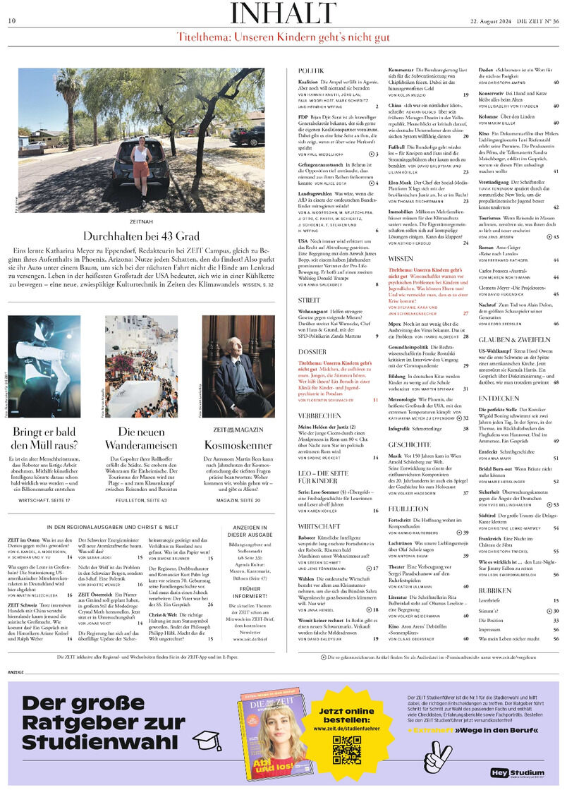 Titelseite der Zeitschrift DIE ZEIT Ausgabe 36/2024 mit dem Hauptthema 'Unsere Kinder', mehreren Artikeln und einer Werbeanzeige im unteren Bereich. Die Farben Weiß, Schwarz, Blau, Gelb und Rot sind vertreten.