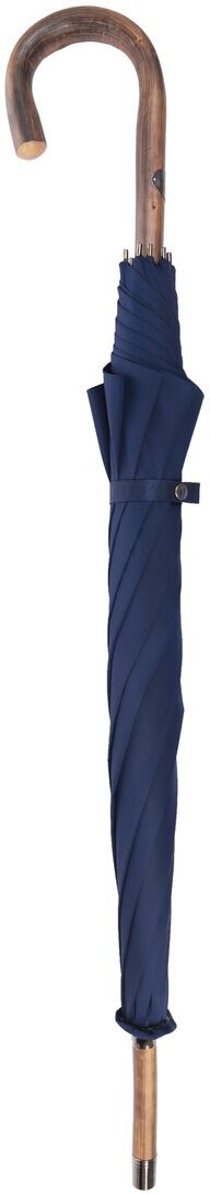 Ein geschlossener, eleganter Regenschirm mit einem Griff aus gebogenem Kastanienholz und einem blauen Bespannstoff.