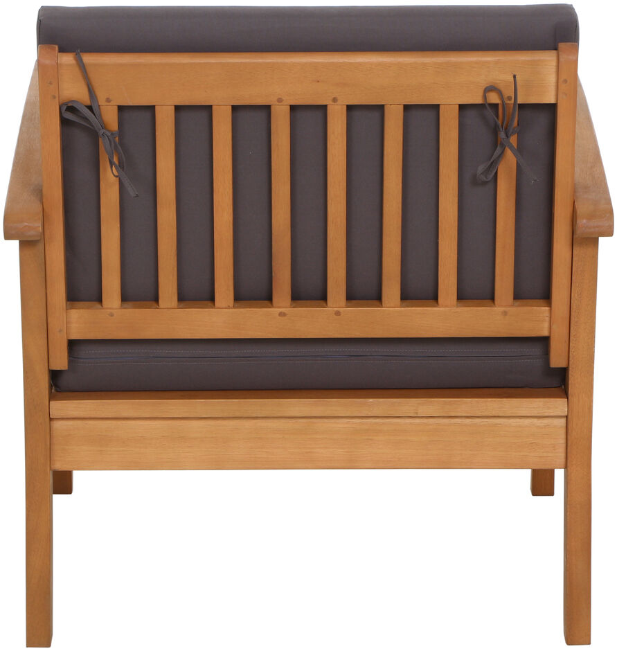 Der Tavira Lounge Set 4tlg. zeigt eine Holzbank mit dunkelgrauen Polstern. Das Design ist simpel und elegant, ideal für den Außenbereich.