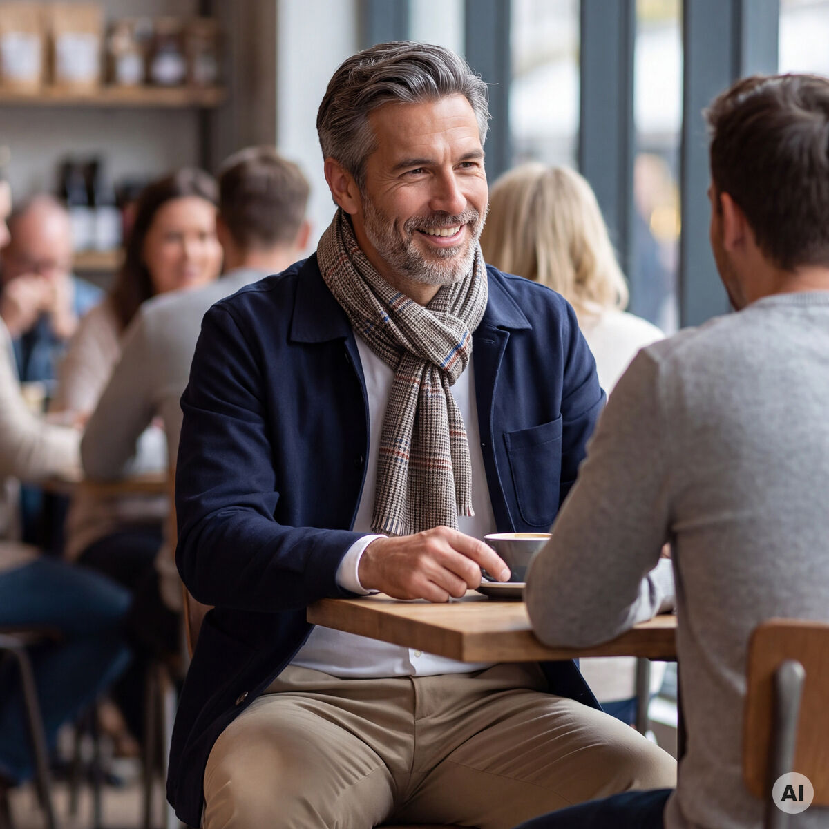 Ein eleganter Mann sitzt in einem modernen Café und trägt den Merinoschal »Henry« von Eagle Products in klassischem Glencheck-Muster. Der Schal wirkt weich und warm, ergänzt sein smartes Outfit und unterstreicht stilvolle, zeitlos klassische Herrenmode.