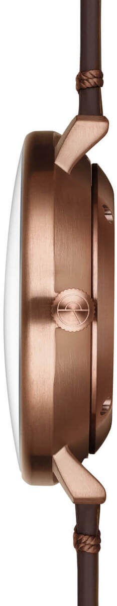 Die ZEIT-Sonderedition Uhr »Hamburg« in Bronze präsentiert ein klassisches Design mit einem eleganten, flachen Gehäuse und einem Lederarmband. Seitliche Ansicht der Uhr.