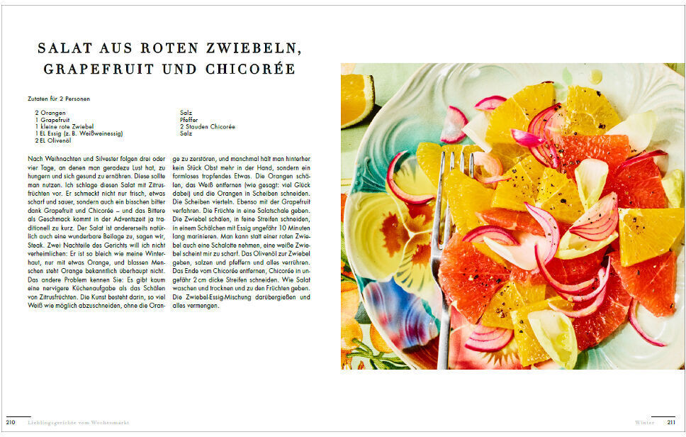 Kochbuchseite aus 'Lieblingsgerichte vom Wochenmarkt' zeigt ein Rezept für Salat aus roten Zwiebeln, Grapefruit und Chicorée, begleitet von einem bunten Bild des Gerichts.