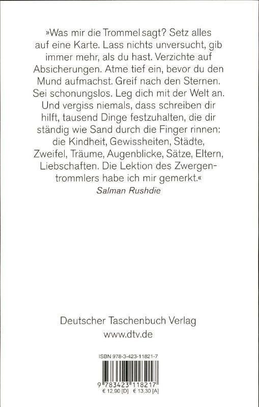 Rückseite des Taschenbuchs 'Grass, G: Blechtrommel' mit einem Zitat von Salman Rushdie, Verlagsangaben und ISBN-Nummer.