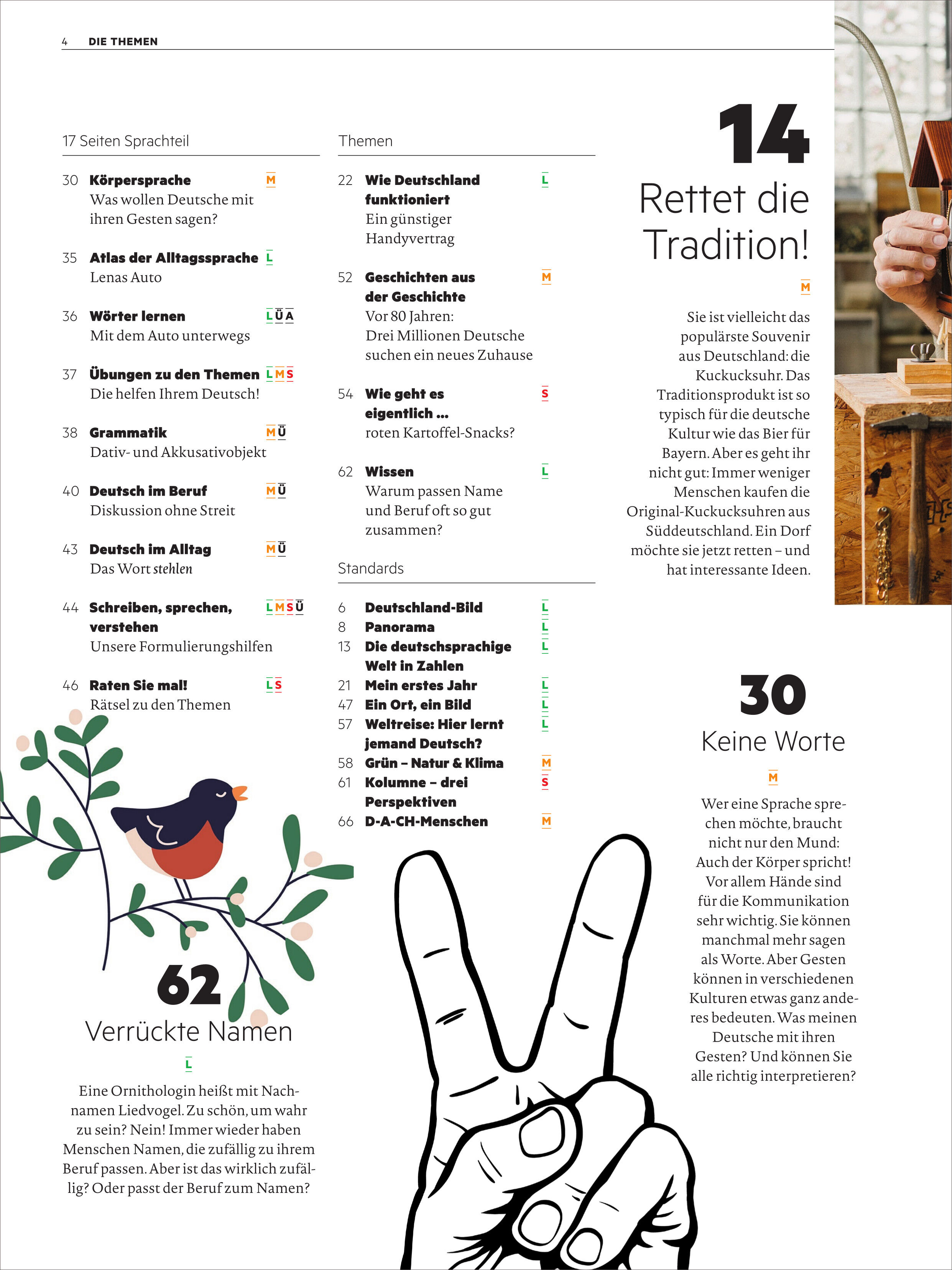 Titelseite und Inhaltsverzeichnis der Ausgabe 11/2025 des Magazins 'Deutsch perfekt', gestaltet mit modernen Illustrationen, einem großen Peace-Zeichen, einem Vogel auf Ästen und verschiedenen thematisch sortierten Rubriken rund um die deutsche Sprache, Alltagskultur und Traditionen. Die Seiten enthalten Textelemente in schwarz sowie farbige Markierungen und Zeichen zur Hervorhebung der Rubriken.