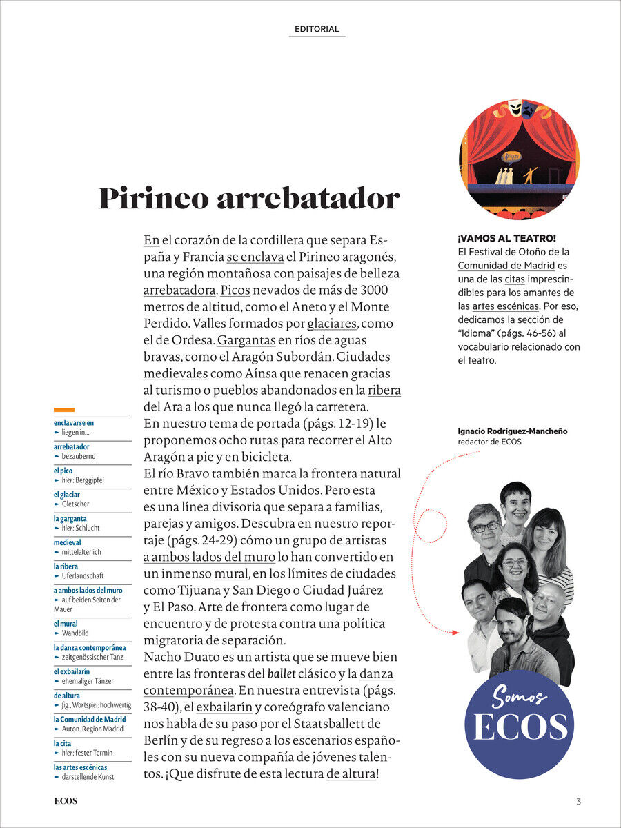 Titelseite des Ecos Magazins 11/2024 mit einem Artikel über die Pyrenäen und einen Theaterbeitrag. Enthält Bilder und Absätze, die verschiedene kulturelle und sprachliche Themen behandeln.