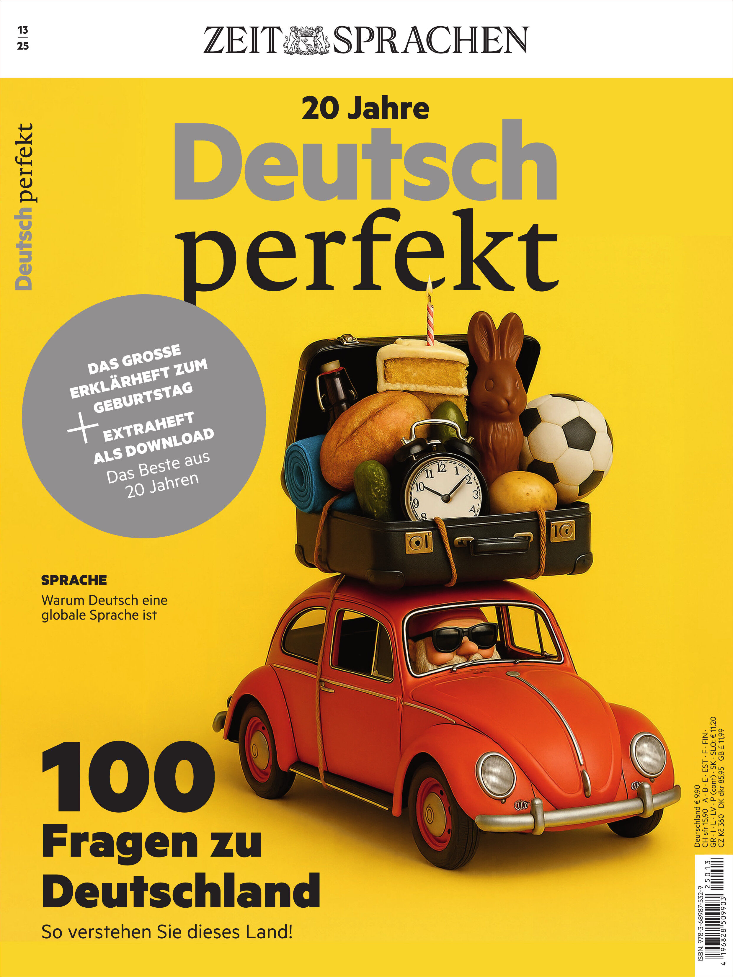 Titelbild des Magazins 'Deutsch perfekt' zeigt einen roten VW Käfer mit einem Dachgepäckträger voller typisch deutscher Objekte wie Kuckucksuhr, Fußball, Brezel, Buch, Reisetasche, Schokolade, Plüschhase und Bär. Der Hintergrund ist einfarbig gelb, der Titel hebt die 20 Jahre Jubiläumsausgabe hervor und verweist auf 100 Fragen zu Deutschland.