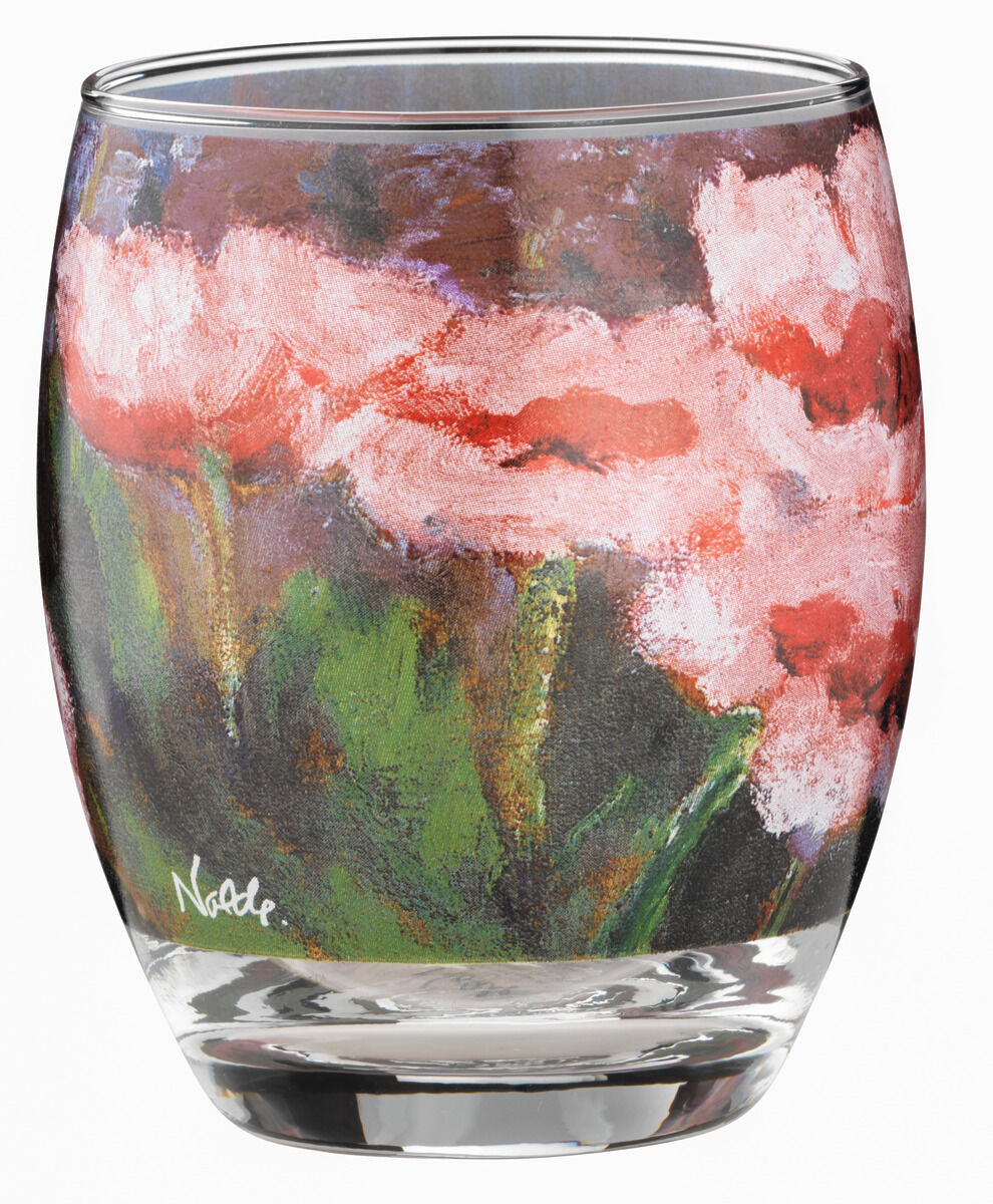 Drei Teelichtgläser mit Blumenmuster nach Emil Nolde, hauptsächlich in Pink, Grün, Weiß und Rot. Die Gläser sind kunstvoll gestaltet und ideal als Dekoration oder Geschenk.