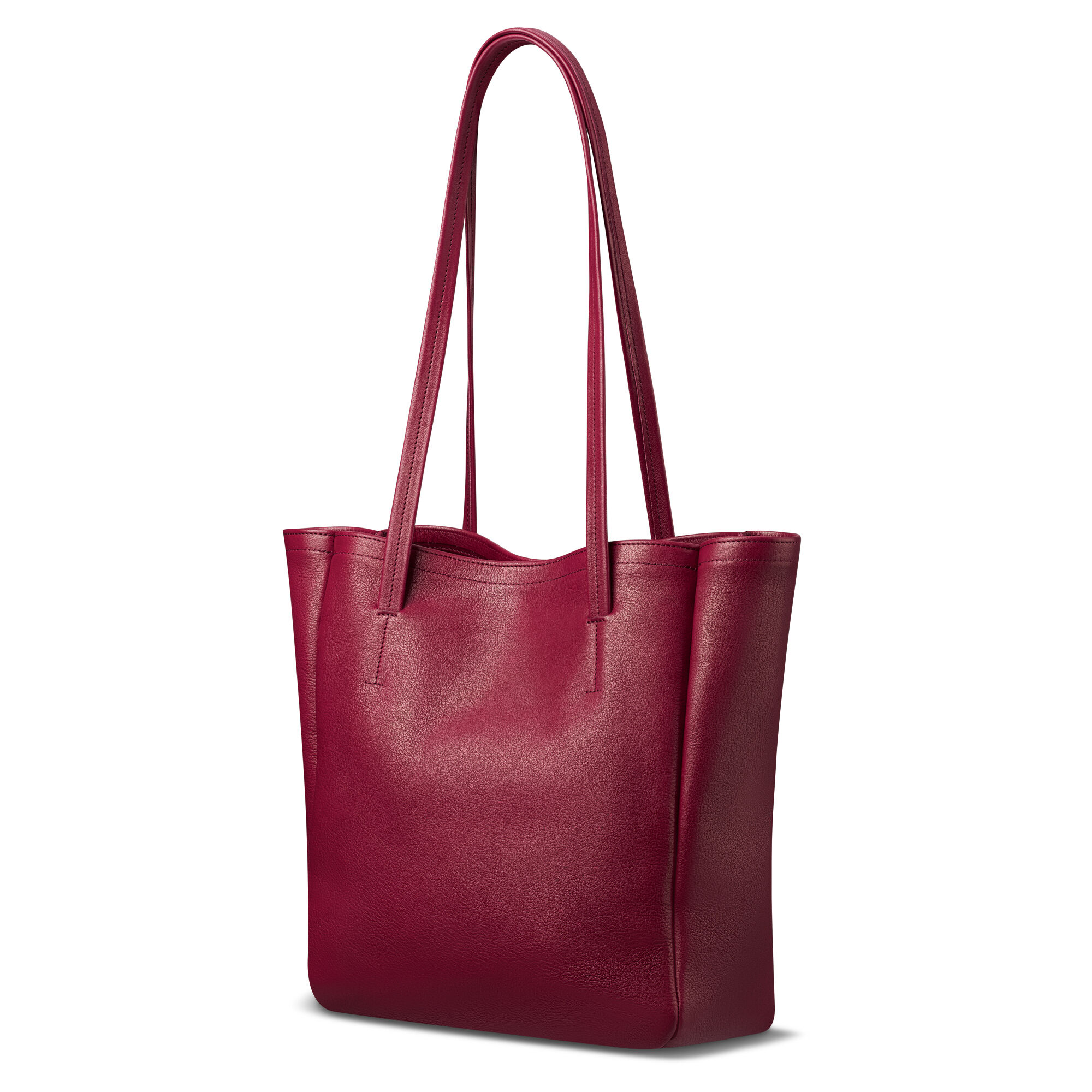 Ein eleganter Ledershopper in Bordeauxrot. Die Tasche hat lange Henkel und eine minimalistische, stilvolle Erscheinung, geeignet für Damen und den täglichen Gebrauch.