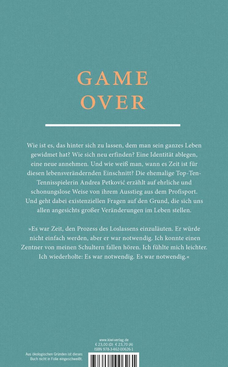 Rückseite des Buches 'Petkovic, A: Zeit, sich aus dem Staub zu machen' mit dem Titel GAME OVER, einem einleitenden Text zum Thema der Selbstfindung und dem Loslassen von gewohnten Rollen.