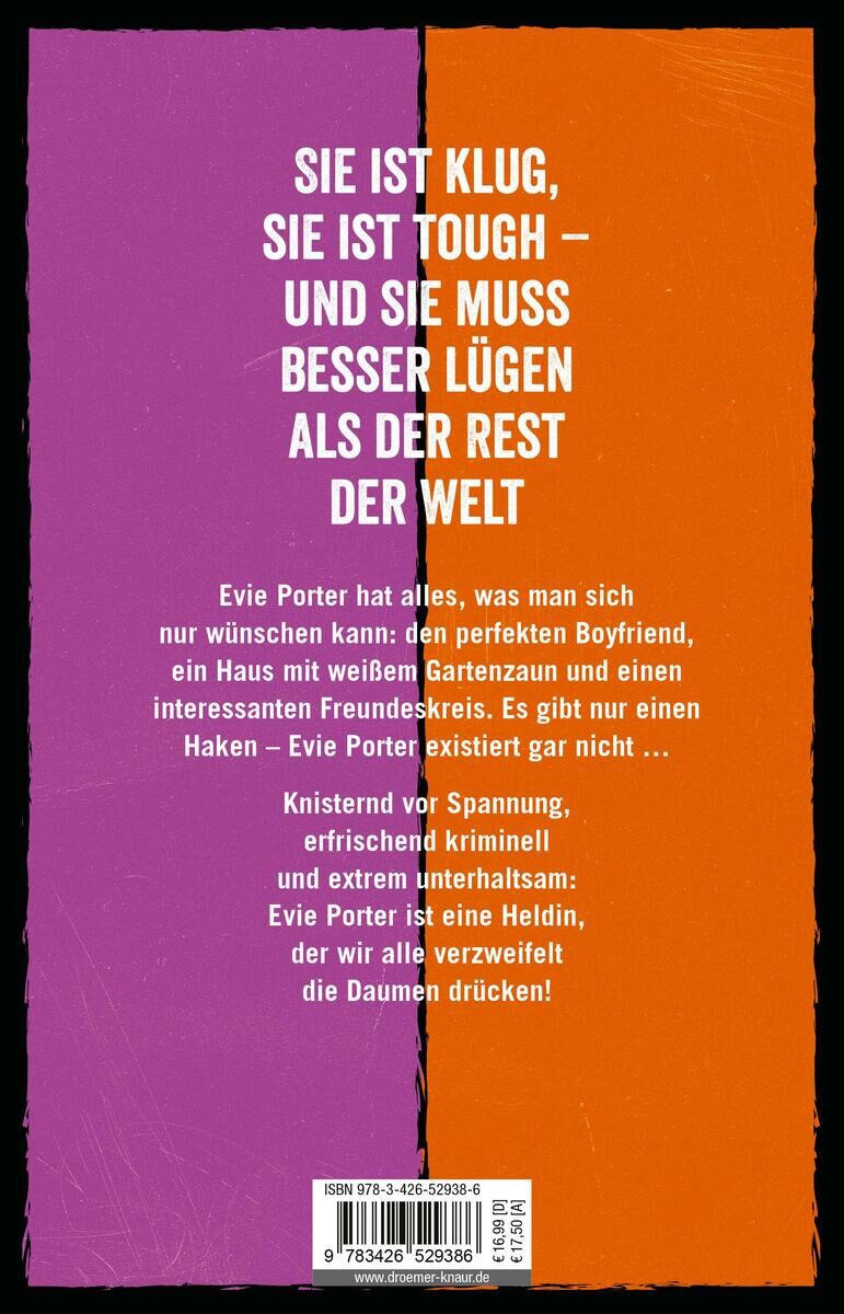 Rückseite des Buches 'Wer zuerst lügt' von A. Elston, mit einem lila und orange gespaltenen Hintergrund und weißem Text. Die Inhaltsangabe beschreibt die Hauptfigur Evie Porter und ihre Abenteuer.