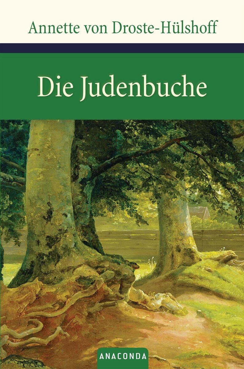 Buchcover von Annette von Droste-Hülshoffs 'Die Judenbuche', veröffentlicht von Anaconda Verlag. Das Cover zeigt eine malerische Waldszene mit großen Bäumen und einem sonnigen Hintergrund.