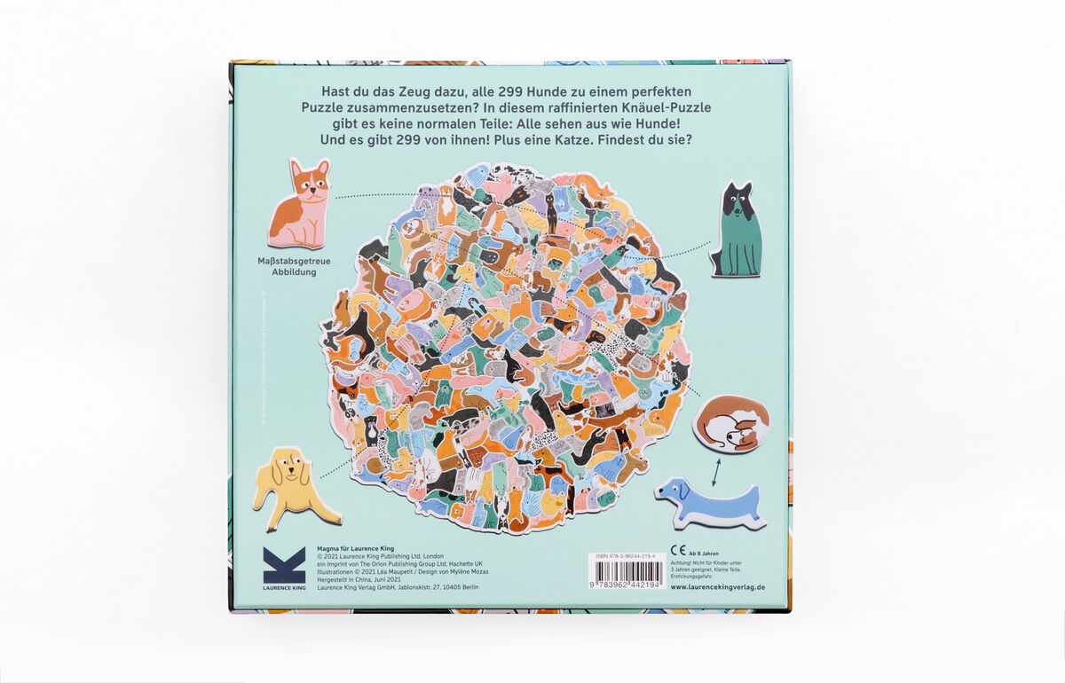 Das Bild zeigt die Rückseite eines Puzzlepakets mit dem Titel '299 Hunde'. Auf dem pastellgrünen Hintergrund ist eine runde Collage aus verschiedenen illustrierten Hunden und einer Katze abgebildet. Zusätzliche Illustrationen von Hunden sind um die Collage herum verteilt.