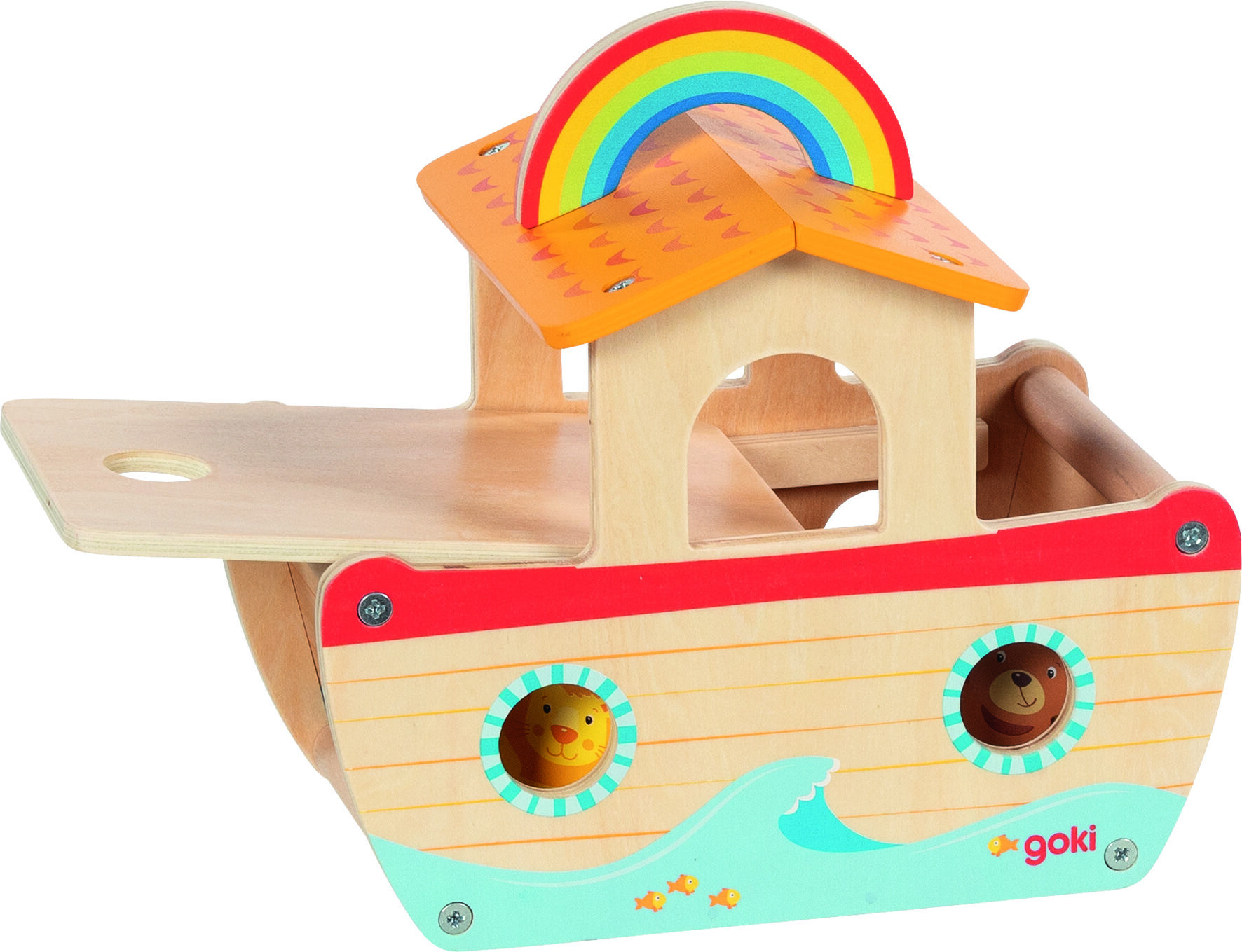 Ein farbenfrohes Holzspielzeug in Form der Arche Noah mit abnehmbarem Dach, Regenbogen auf dem Dach und zwei Tierfiguren, die durch Fenster schauen. Das Spielzeug ist kindgerecht gestaltet und fördert kreatives Spielen.