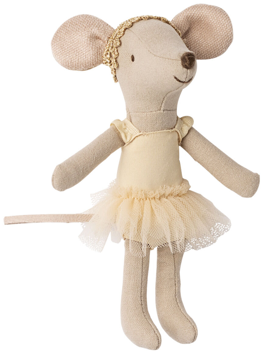 Weiches Stofftier in Form einer Maus als Balletttänzerin mit Tutu und Haarband. Die Maus steht aufrecht und trägt ein zartes, cremefarbenes Kleid mit Tüllrock. Ideal als Geschenk oder Dekoration im Kinderzimmer.
