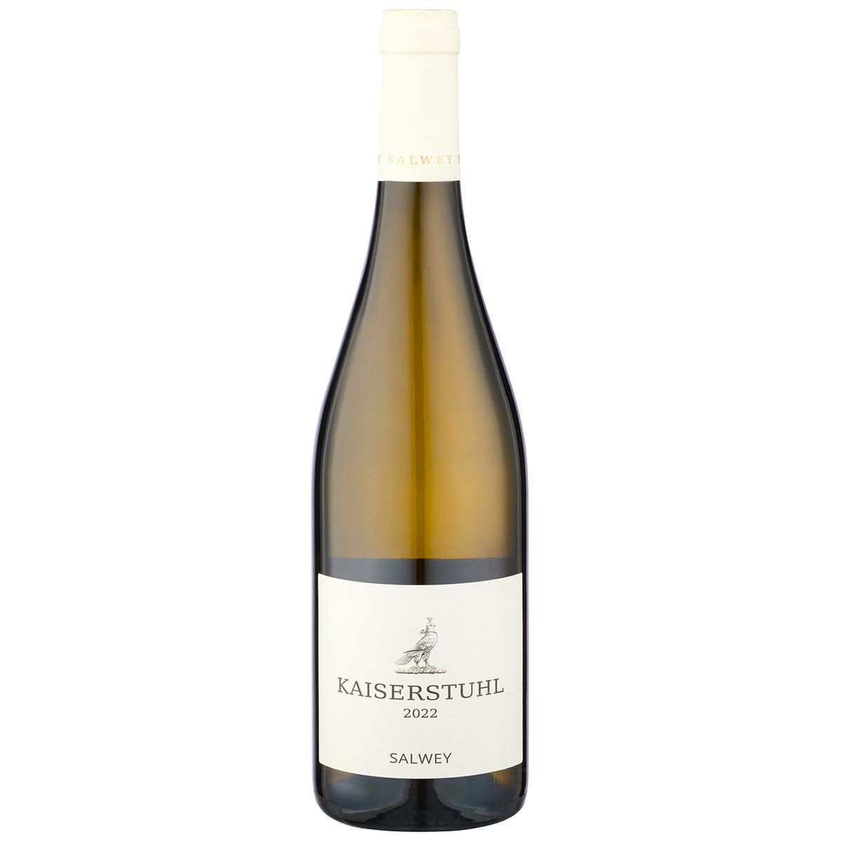 Eine elegante Flasche Weißwein aus der ZEIT-Weinedition »Baden« mit dem Etikett 'Kaiserstuhl 2022 Salwey'. Die Flasche steht vor weißem Hintergrund.