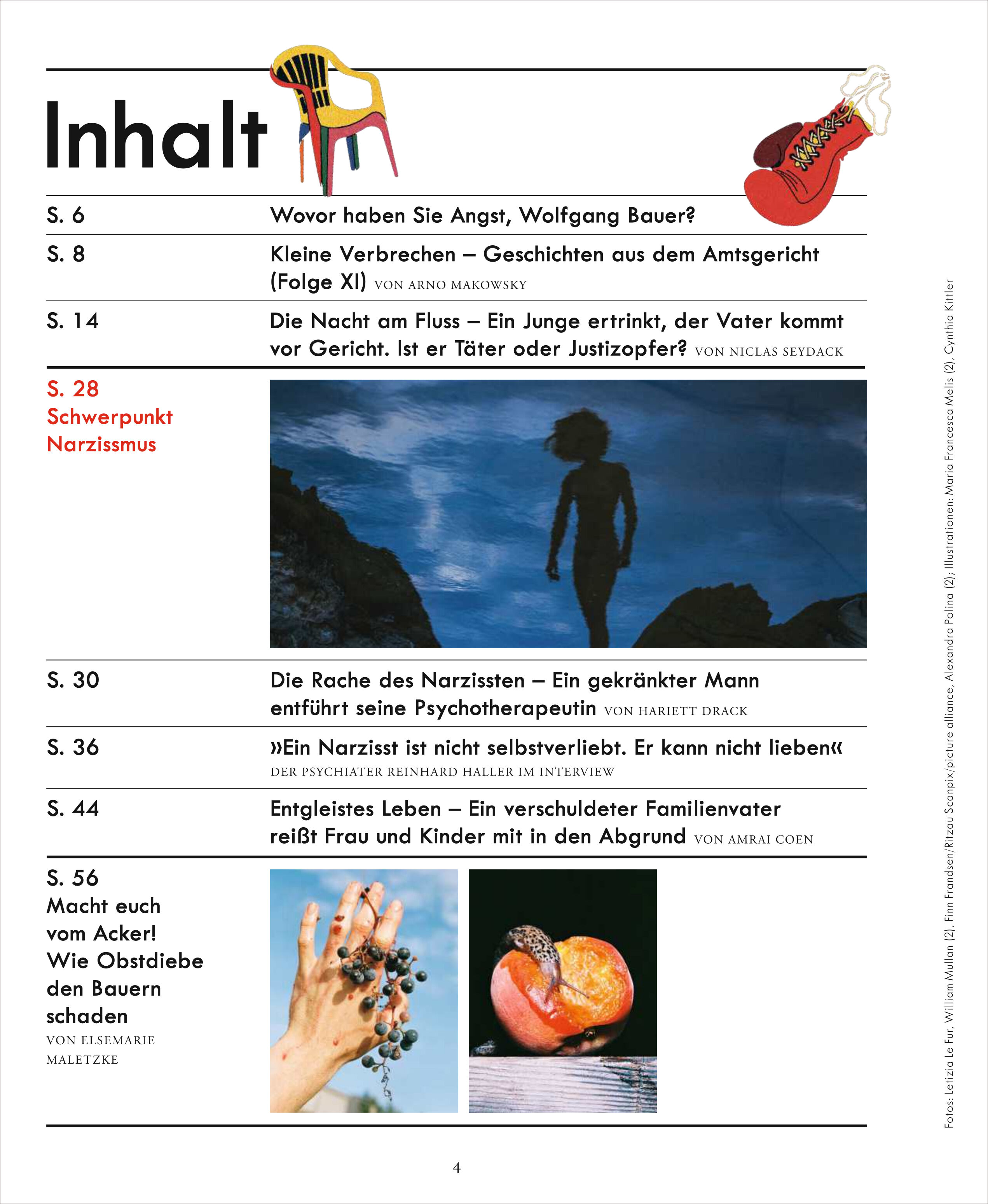 Inhaltsverzeichnis einer deutschen Zeitschrift mit dem Schwerpunkt Verbrechen und Narzissmus. Die Seite zeigt verschiedene Überschriften, Textabschnitte und drei Bilder: einen Fluss in der Dunkelheit, eine Frauenhand mit einer Muschel und eine Illustration eines Kopfes im Profil. Die Gestaltung ist modern, mit roten und schwarzen Akzenten.