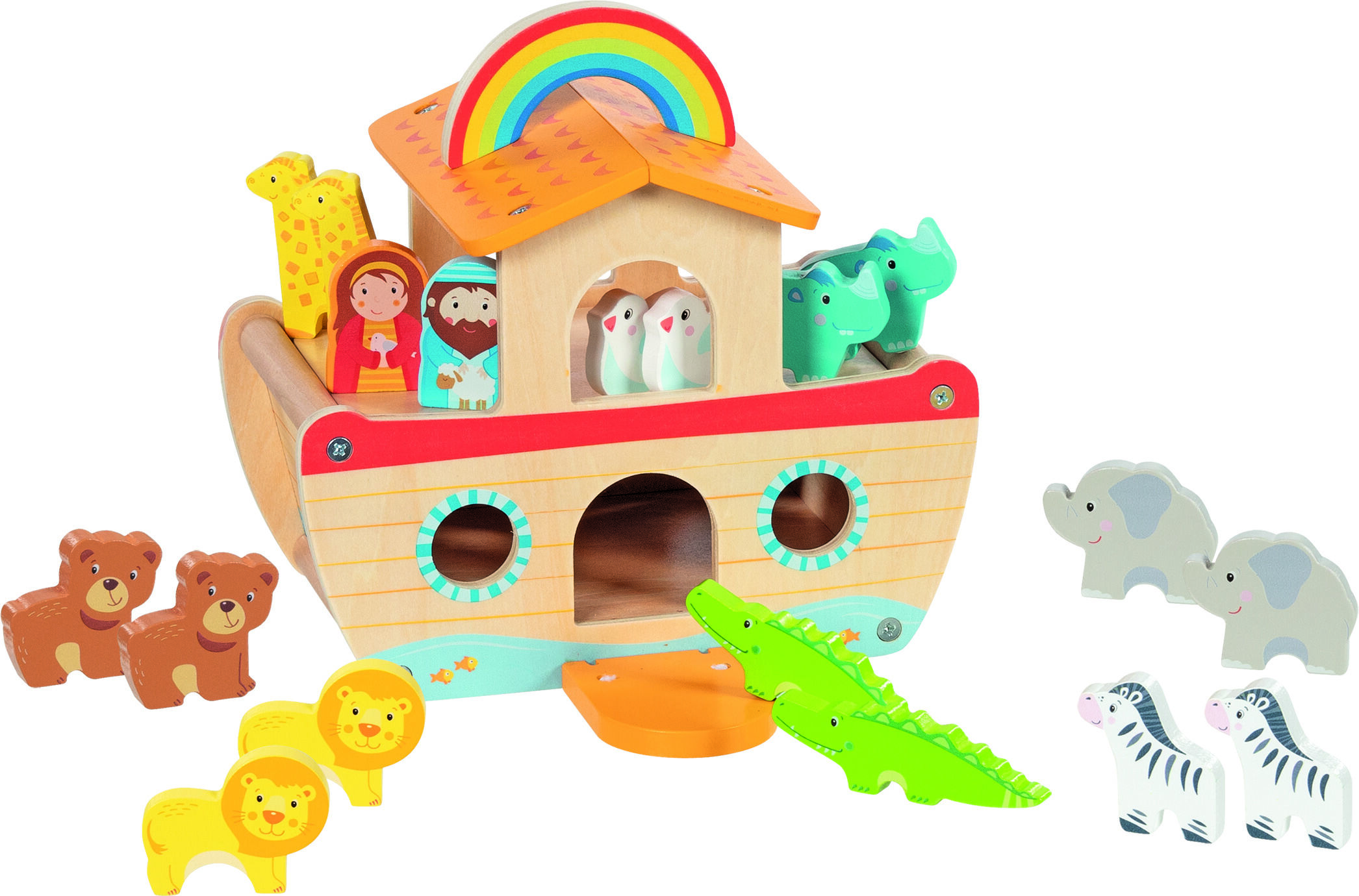 Abgebildet ist ein buntes Holzspielzeug in Form der Arche Noah mit einem abnehmbaren Dach, diversen liebevoll gestalteten Tierfiguren wie Elefanten, Löwen, Zebras, Krokodil, Bären sowie zwei menschlichen Figuren und einem Regenbogen auf dem Dach. Das Spielzeug ist für Kinder geeignet und lädt zum fantasievollen sowie pädagogisch wertvollen Spielen ein.