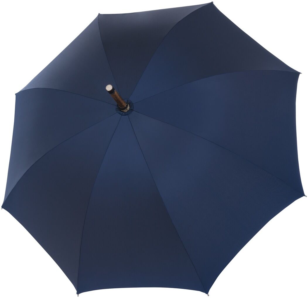 Blauer Regenschirm mit braunem Holzgriff aus Kastanie, Modell »Kastanie Oxford«, geöffnet dargestellt.