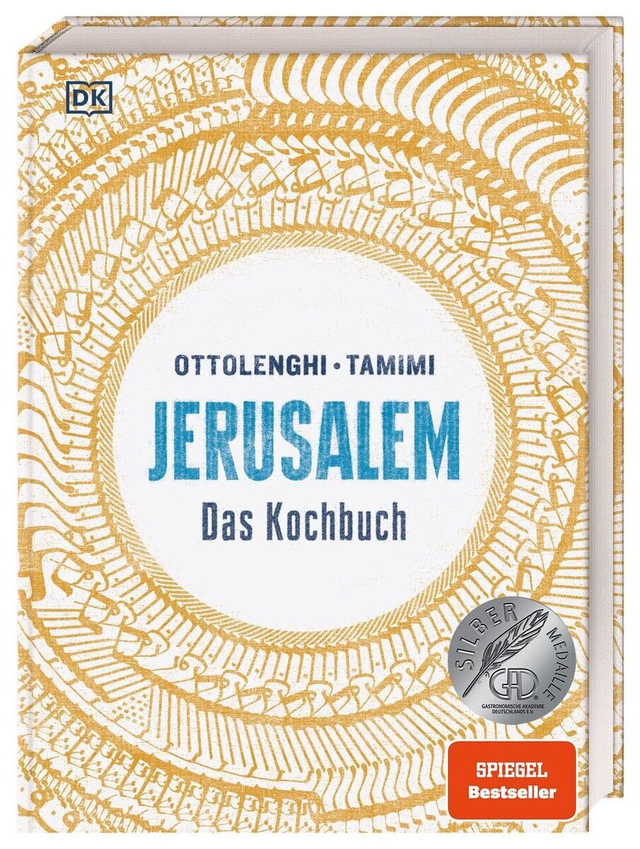 Ein Kochbuch mit dem Titel 'Jerusalem: Das Kochbuch' von Ottolenghi und Tamimi, das in Weiss, Gold und Blau gestaltet ist und auf der oberen rechten Ecke eine Silbermedaille und ein Spiegel Bestseller Abzeichen zeigt.